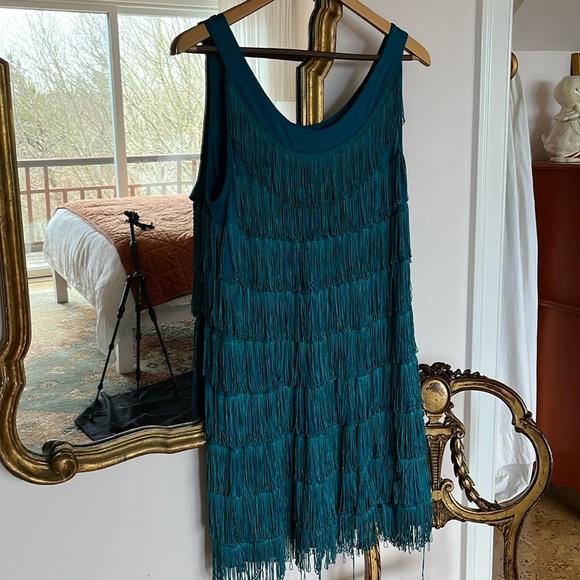 H&M teal Blue Fringe Dress Flapper Great Costume Large - Picture 3 of 8